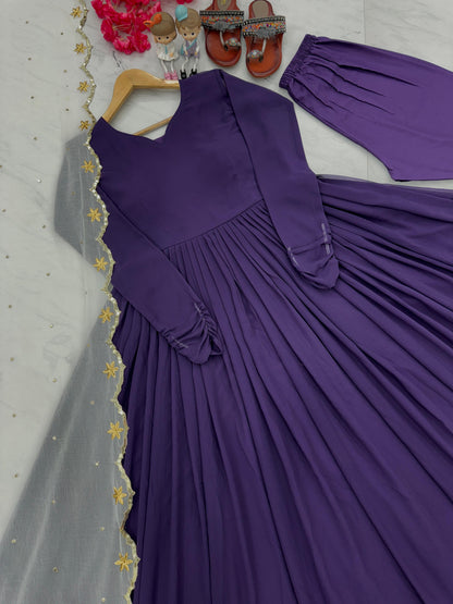 Pretty Plain Purple Color Gown With White Dupatta