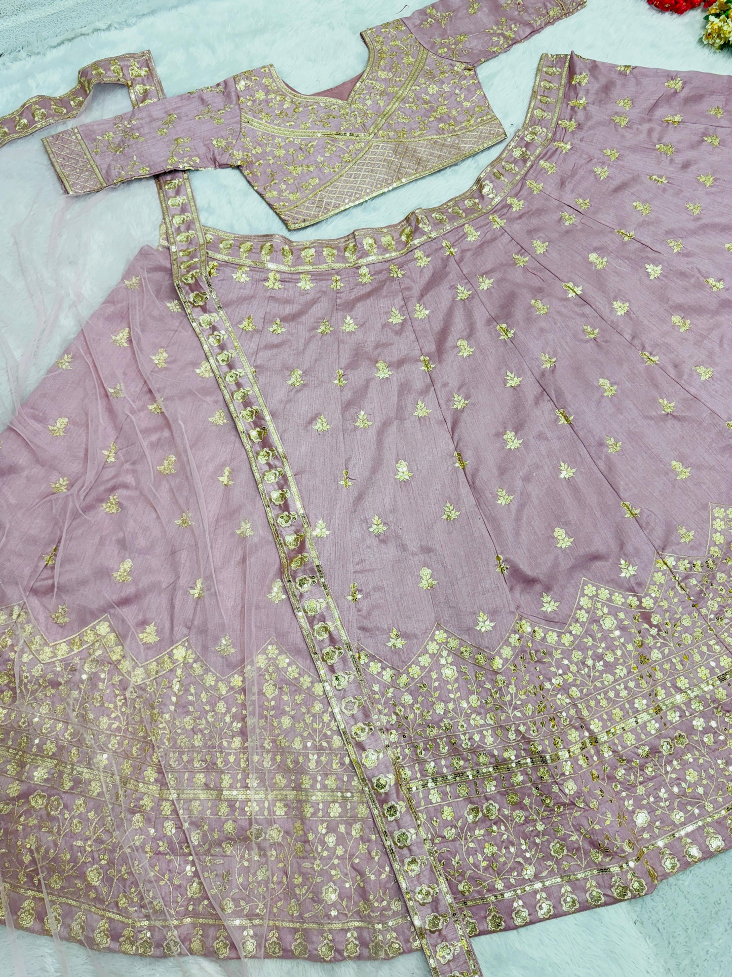 Elegant Dusty Pink Color Embroidered Work Lehenga Choli