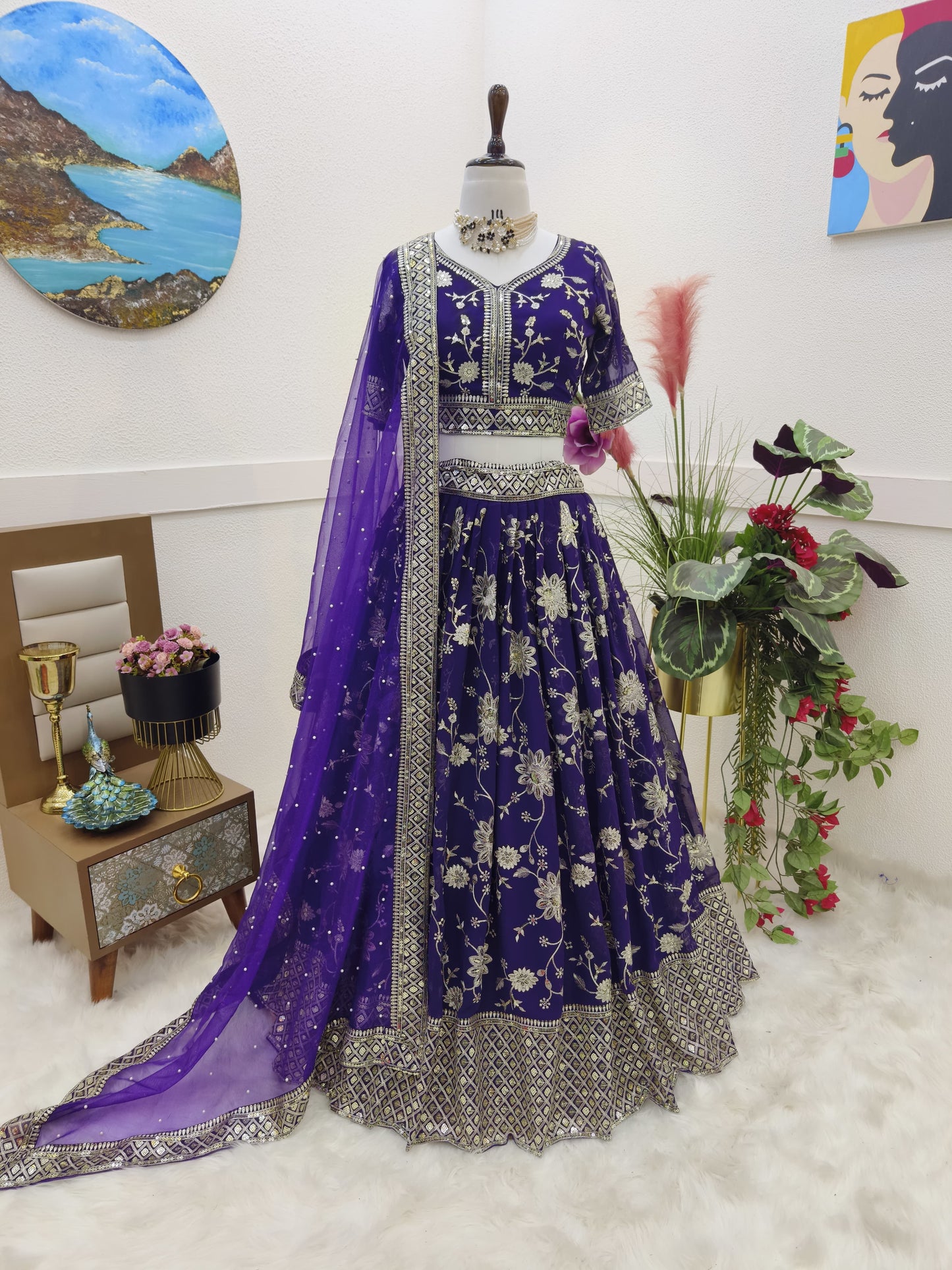 Delightful Sequence Embroidery Work Purple Lehenga Choli