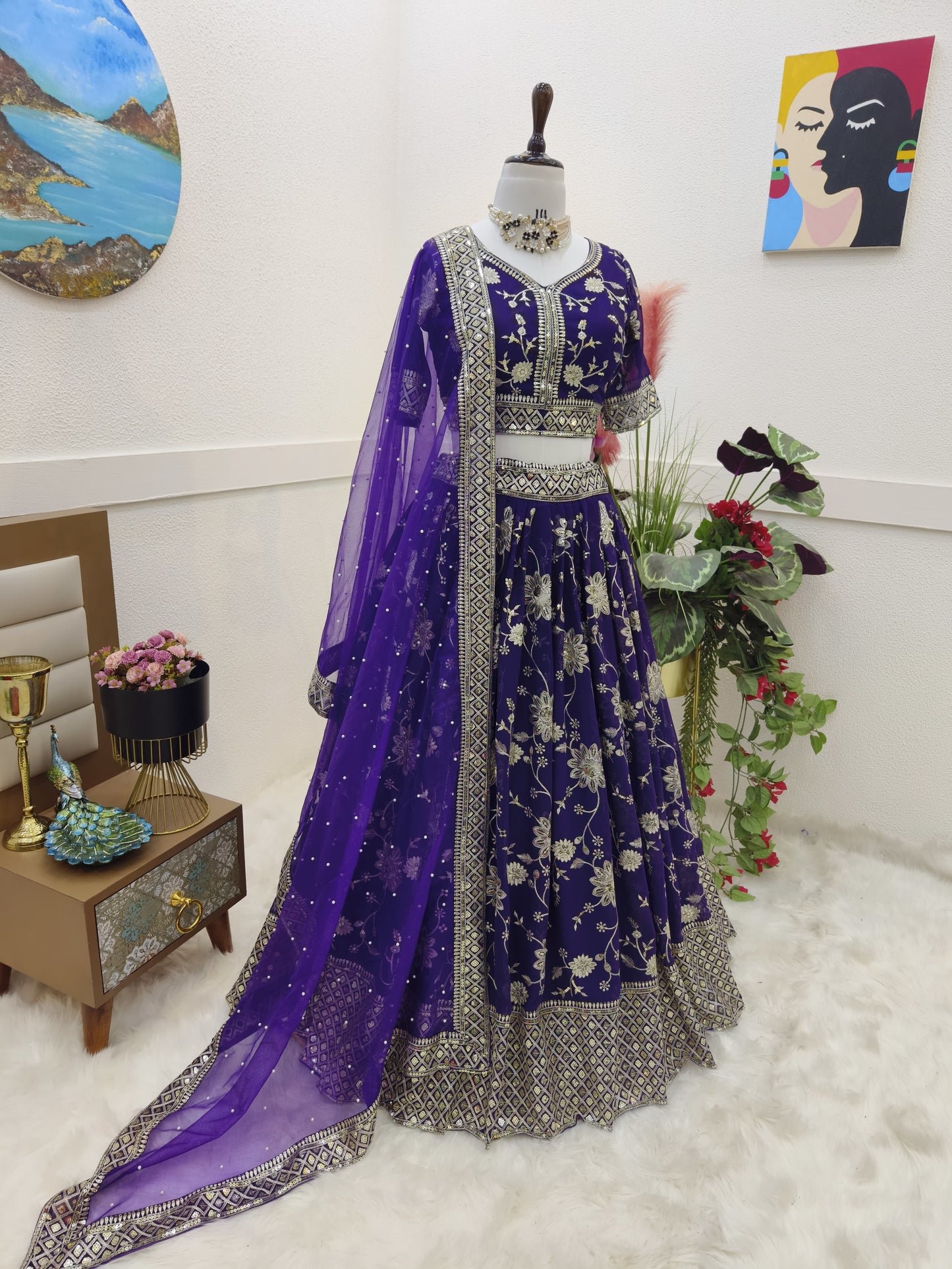 Delightful Sequence Embroidery Work Purple Lehenga Choli