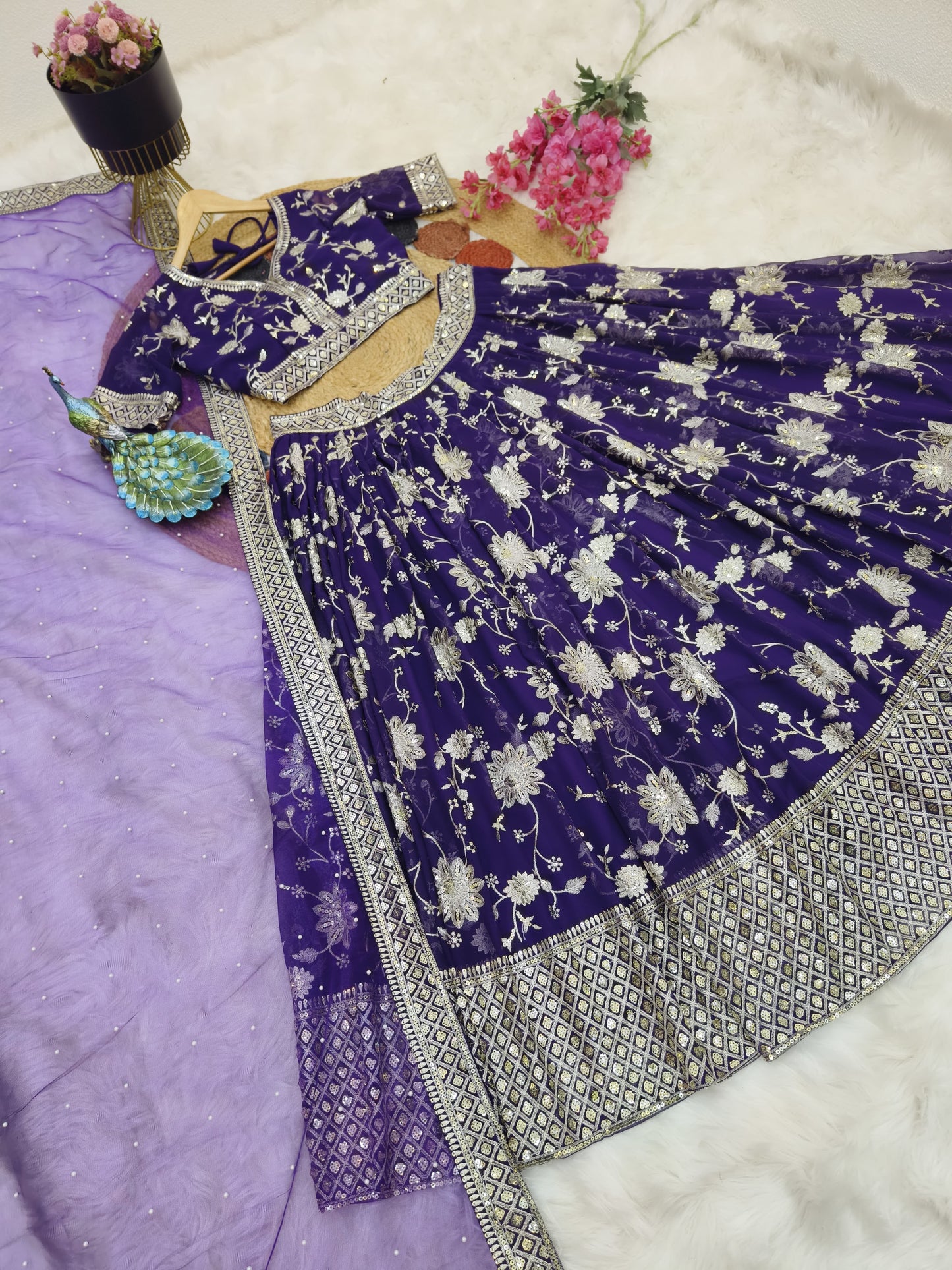 Delightful Sequence Embroidery Work Purple Lehenga Choli