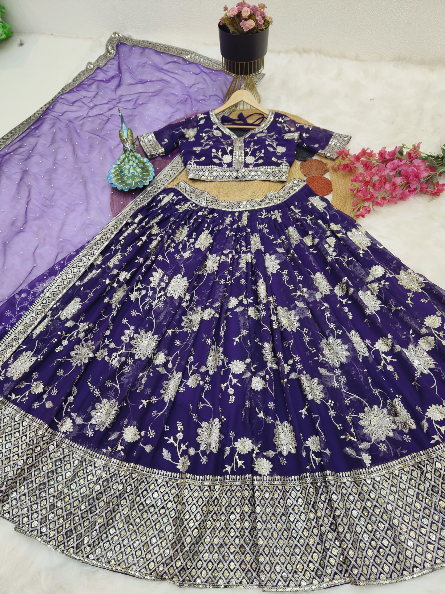 Delightful Sequence Embroidery Work Purple Lehenga Choli