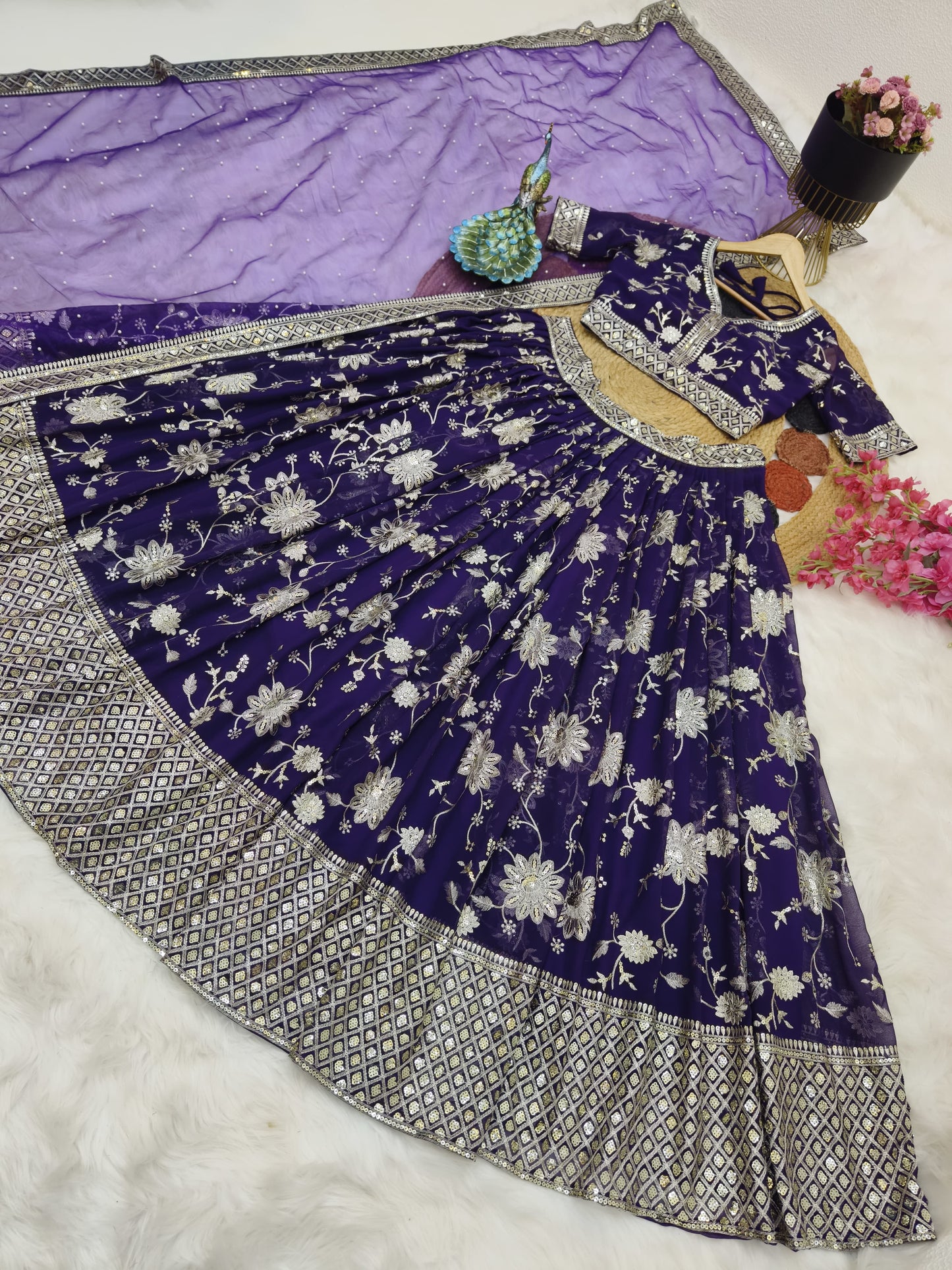Delightful Sequence Embroidery Work Purple Lehenga Choli