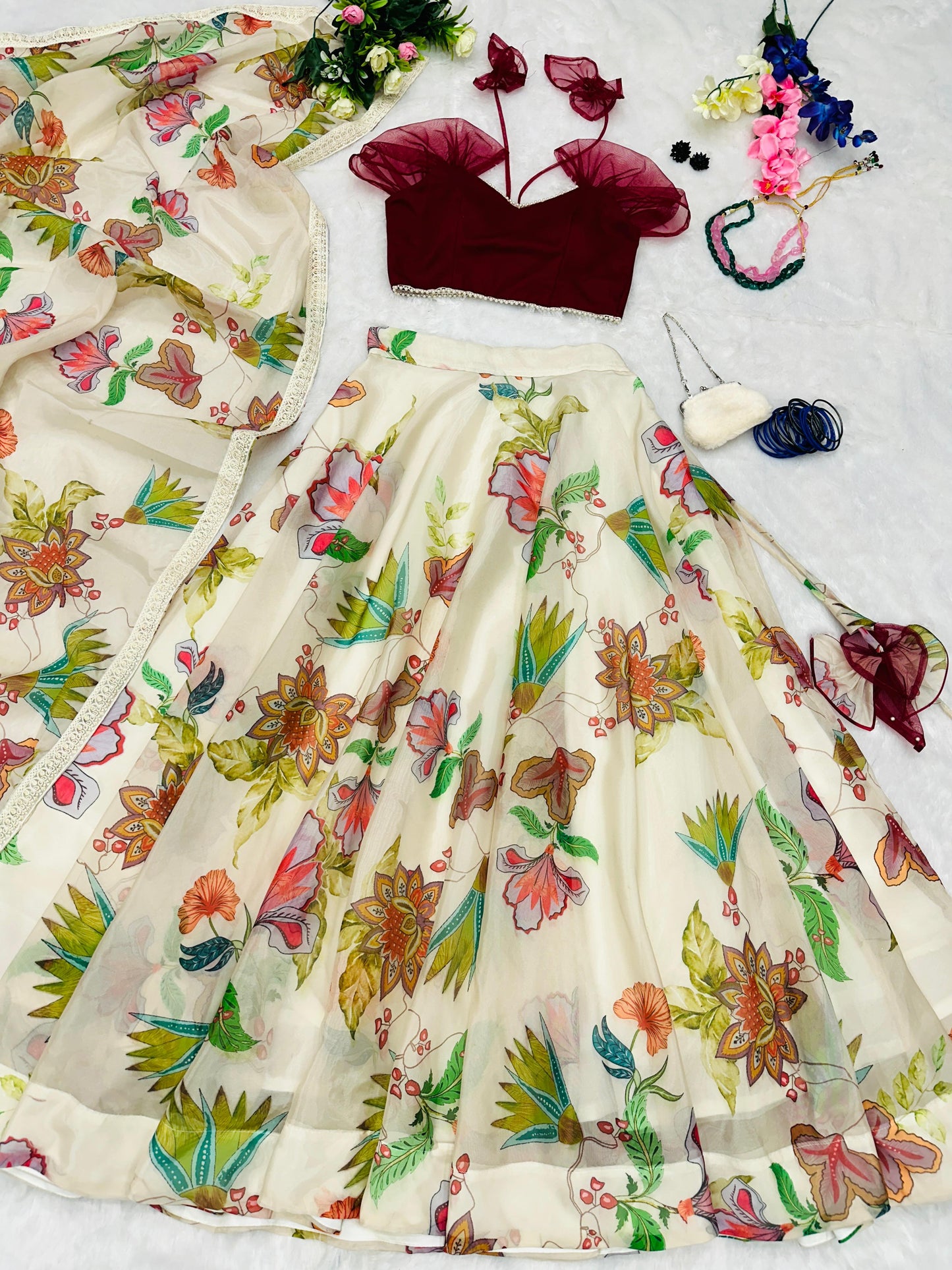 Off White Color Flower Printed Lehenga With Maroon Blouse