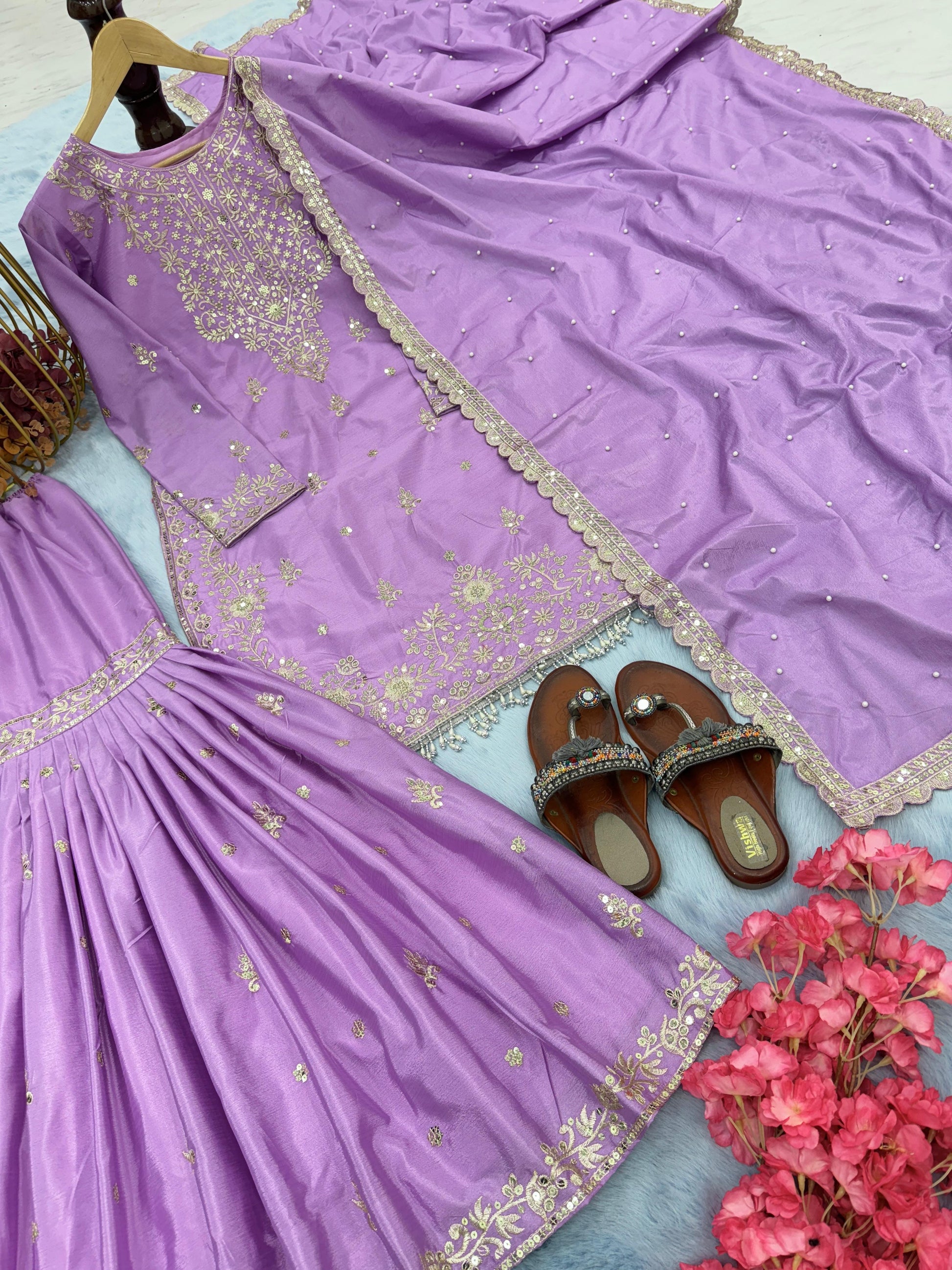 Presenting  Embroidery Sequence Work Purple Color Sharara Suit
