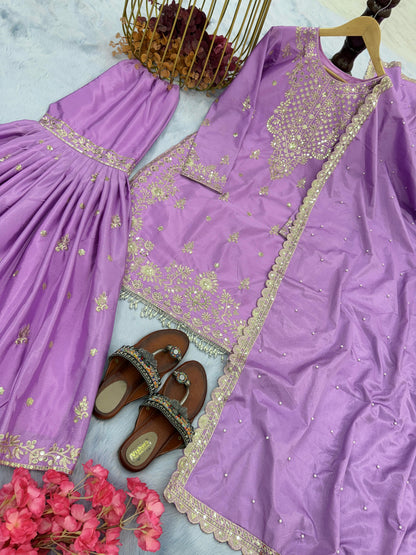 Awesome Lavender Color Embroidery Work Sharara Suit