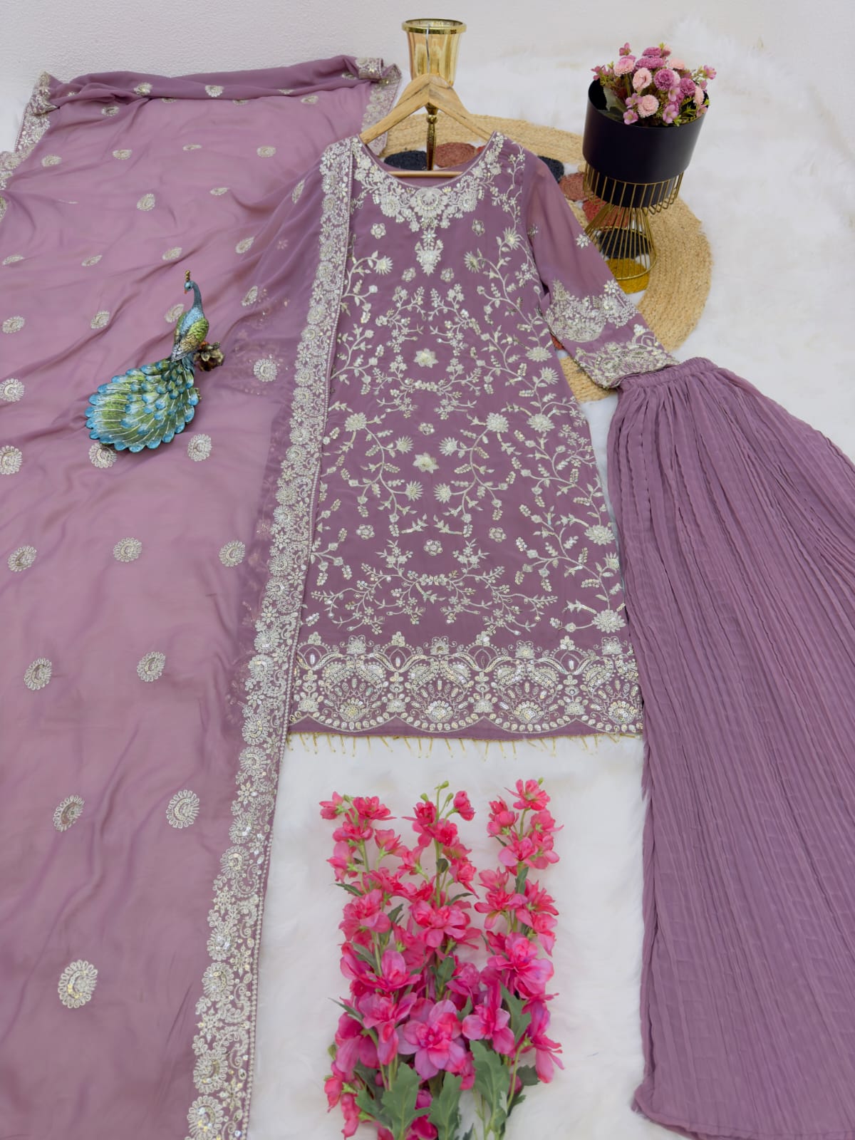 Stunning Embroidery Sequence Work Peach Color Suit