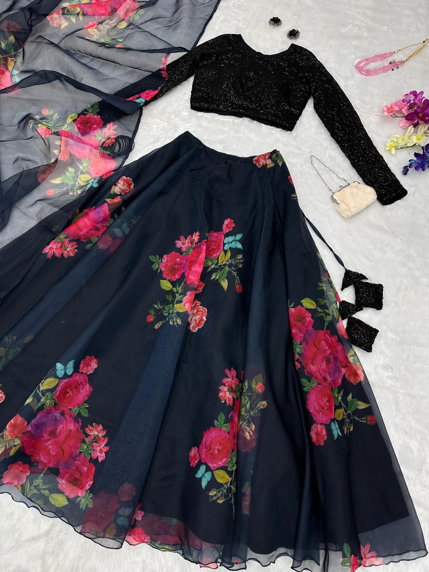 Outstanding Black Color Organza Silk Lehenga Choli