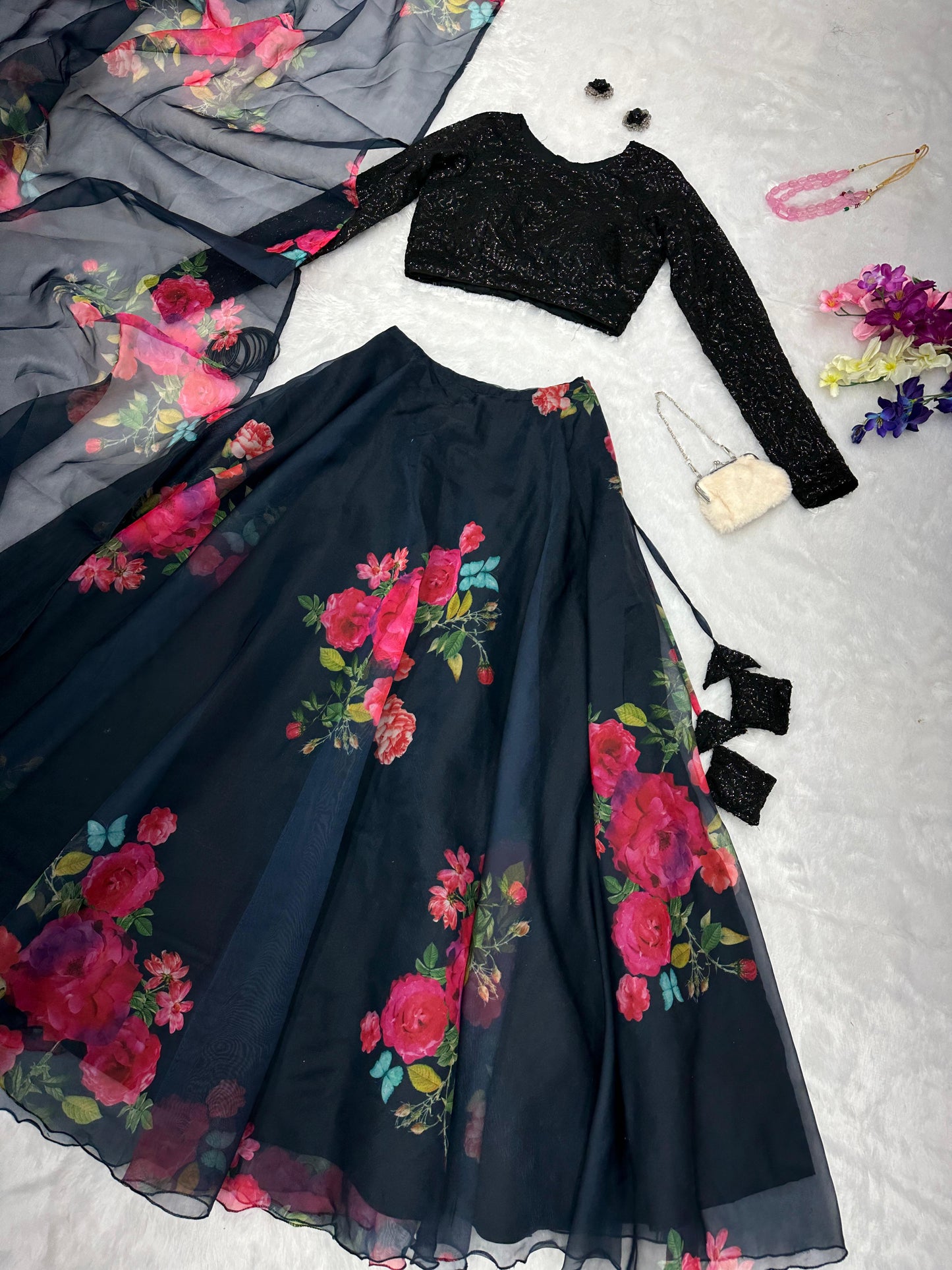 Outstanding Black Color Organza Silk Lehenga Choli