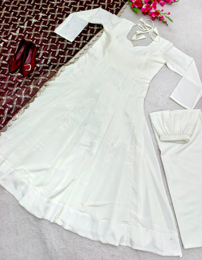 Plain White Color Gown With Heavy Embroidery Work Dupatta