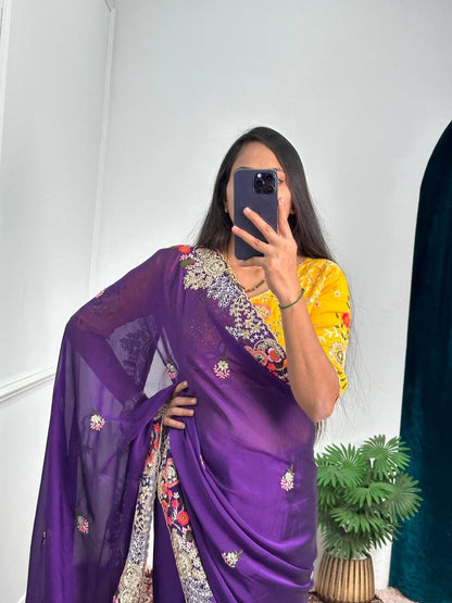Pretty Thread Work Purple Color Saree With Yellow Blouse