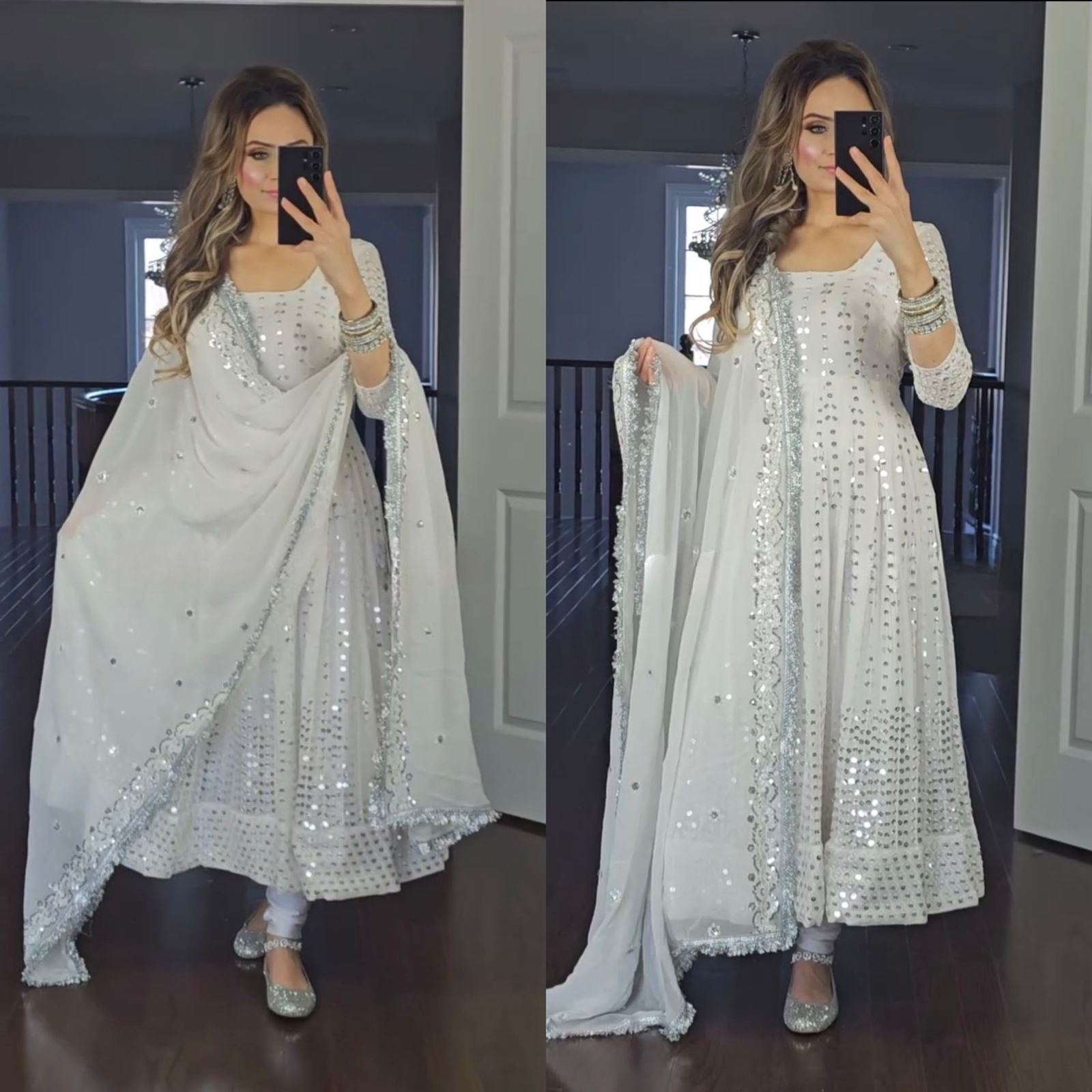 Stylish White Color Sequence Work With Embroidery Work Gown