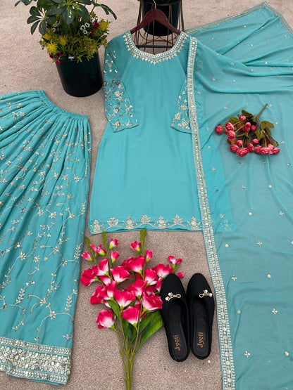 Imposing Embroidery Work Aqua Green Sharara Suit