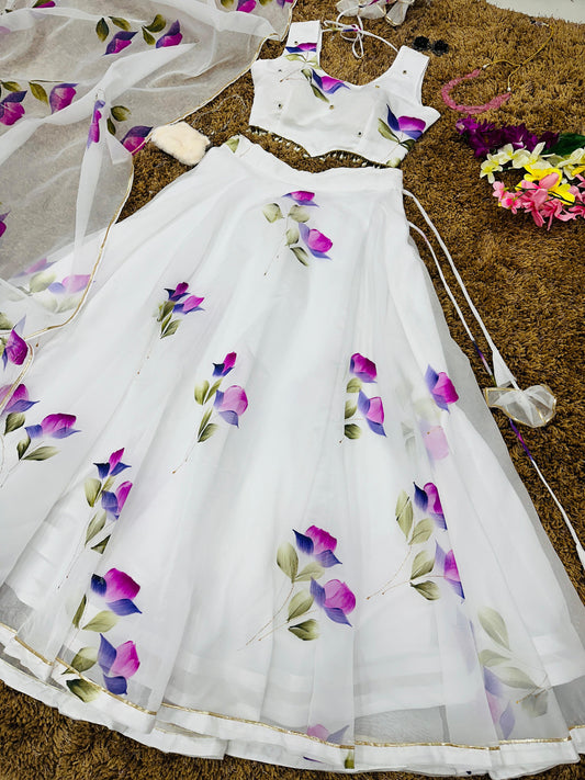 Glorious White Color Digital Print Organza Lehenga Choli