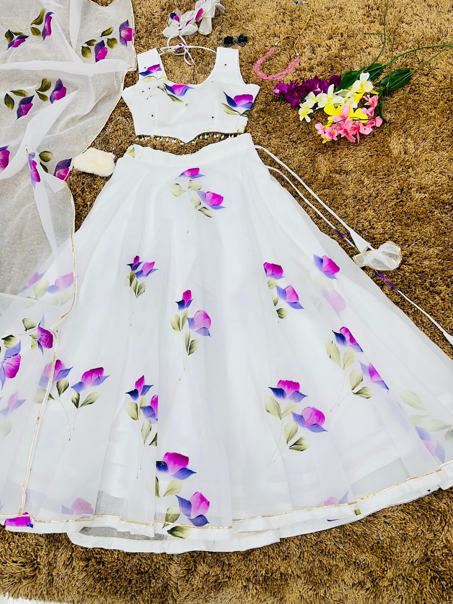 Glorious White Color Digital Print Organza Lehenga Choli