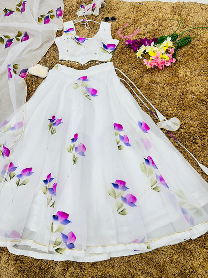 Glorious White Color Digital Print Organza Lehenga Choli