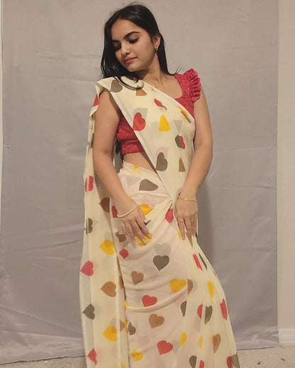 Ready To Wear Off White Color Multi Heart Print Saree