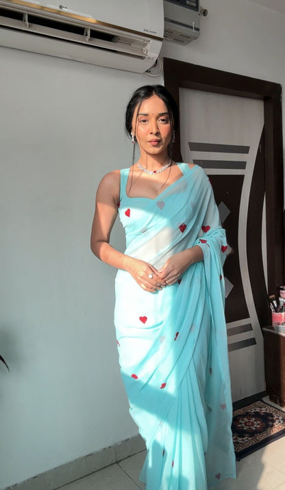 Ready To Wear Sky Blue Color Heart Design Work Saree