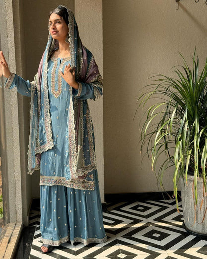 Glorious Sky Blue Color Sharara Suit With Multi Color Dupatta