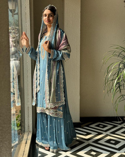 Glorious Sky Blue Color Sharara Suit With Multi Color Dupatta