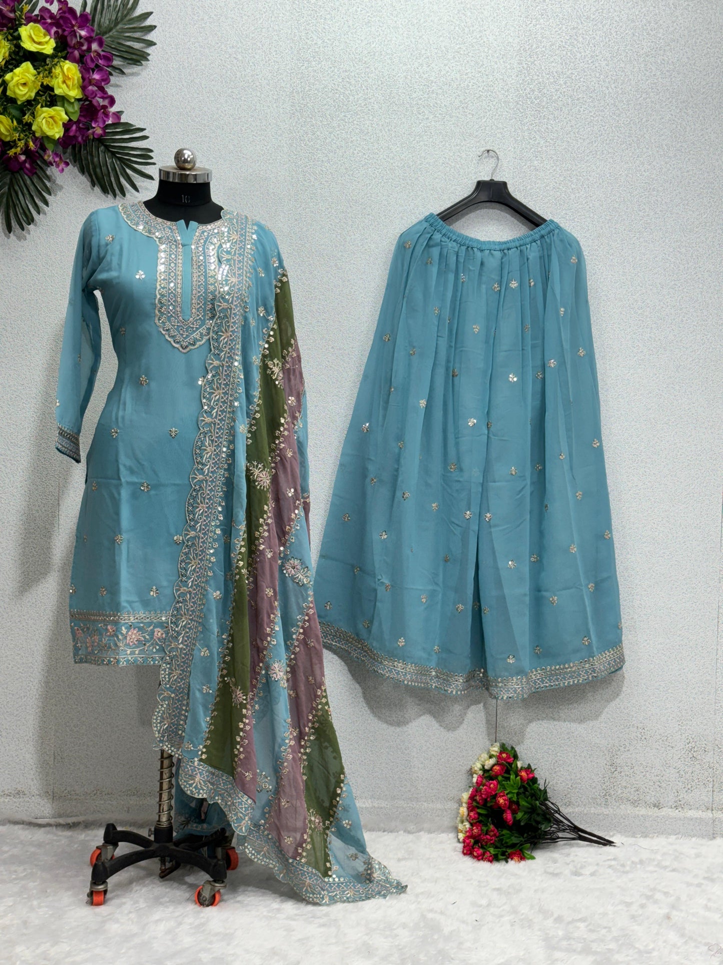 Glorious Sky Blue Color Sharara Suit With Multi Color Dupatta