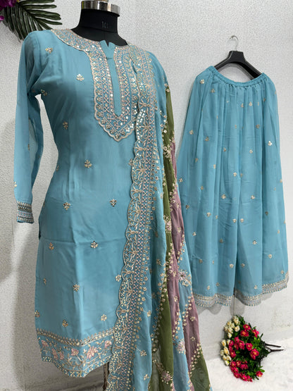 Glorious Sky Blue Color Sharara Suit With Multi Color Dupatta