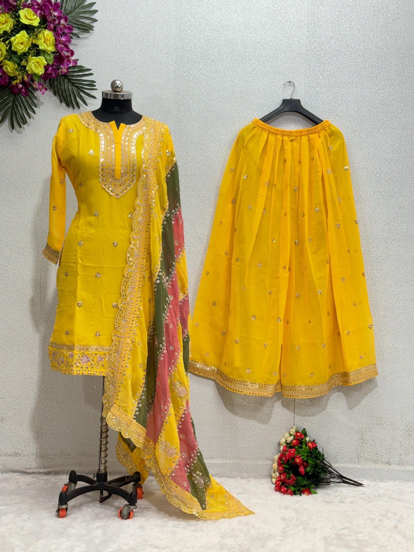 Glorious Yellow Color Sharara Suit With Multi Color Dupatta