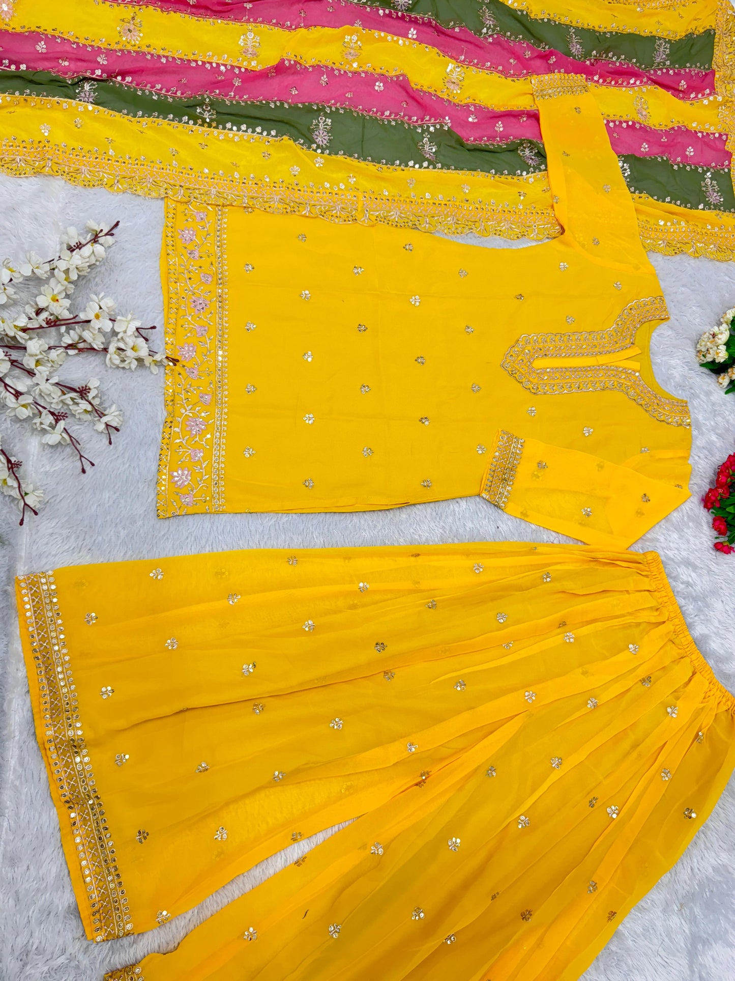 Glorious Yellow Color Sharara Suit With Multi Color Dupatta