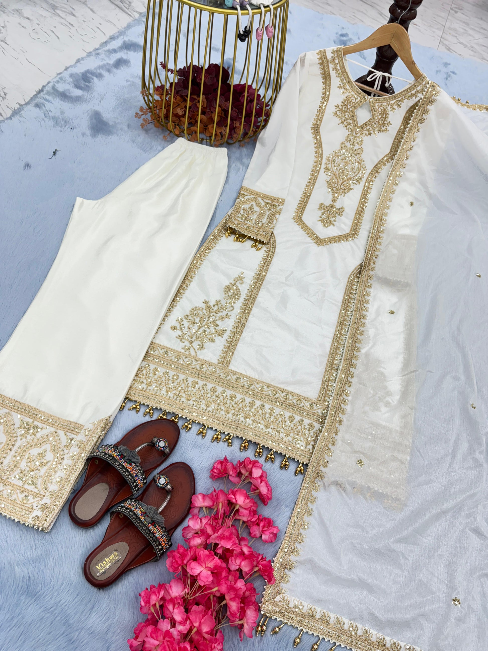 Beautiful  Embroidery Sequence Work White Color Anarkali Suit