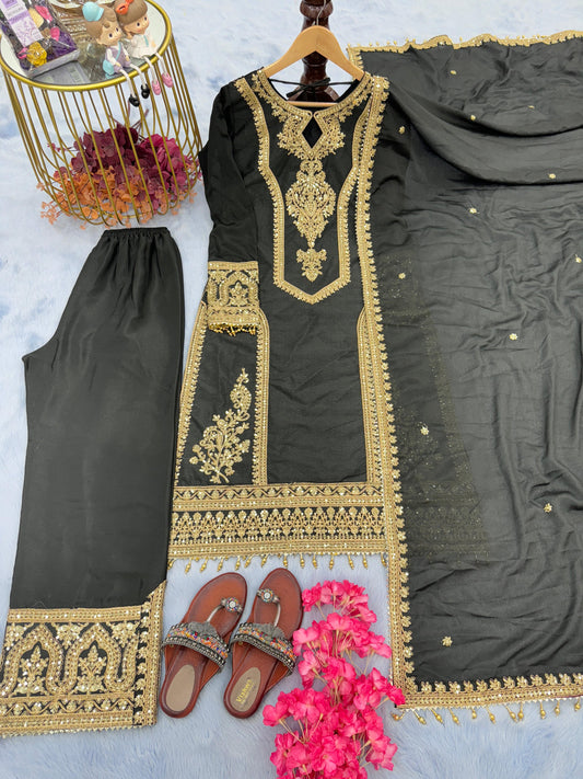 Beautiful  Embroidery Sequence Work Black Color Anarkali Suit