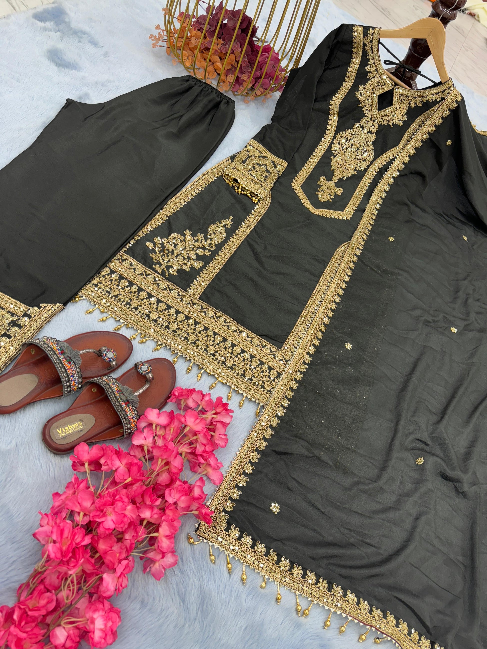 Beautiful  Embroidery Sequence Work Black Color Anarkali Suit