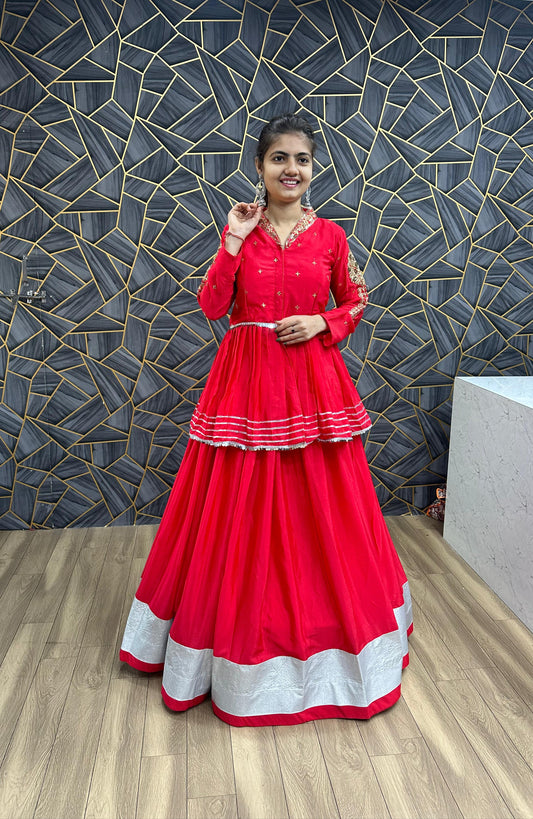 Ceremony Wear Thread Sequence Work Red Top With Lehenga