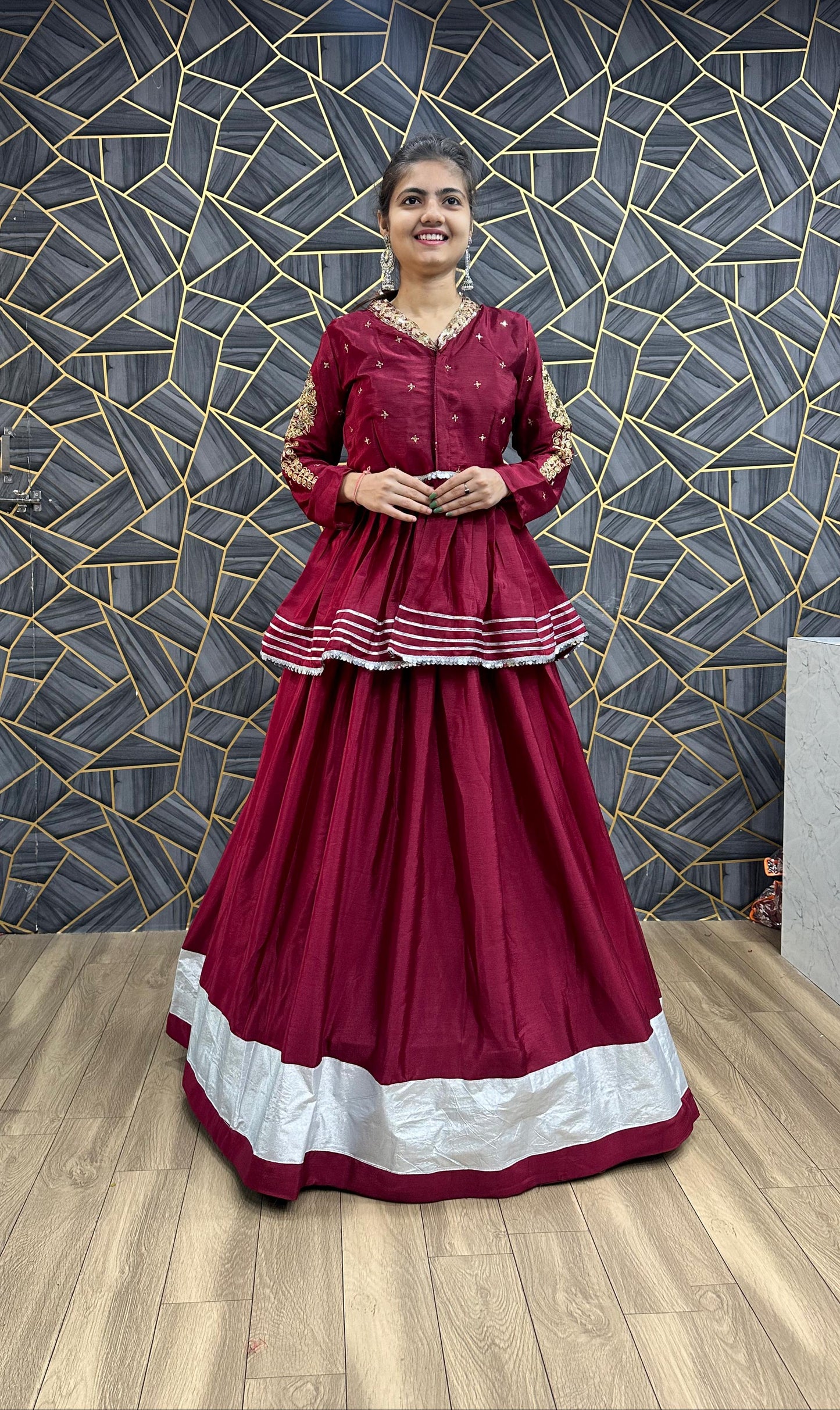 Ceremony Wear Thread Sequence Work Wine Top With Lehenga