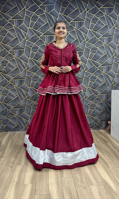 Ceremony Wear Thread Sequence Work Wine Top With Lehenga