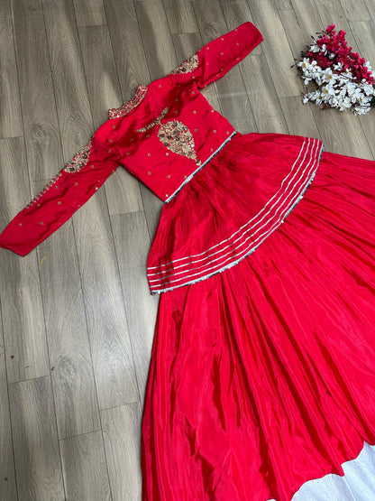 Ceremony Wear Thread Sequence Work Red Top With Lehenga