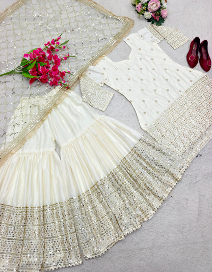 Ravishing Sequences Embroidery Work White Color Sharara Suit