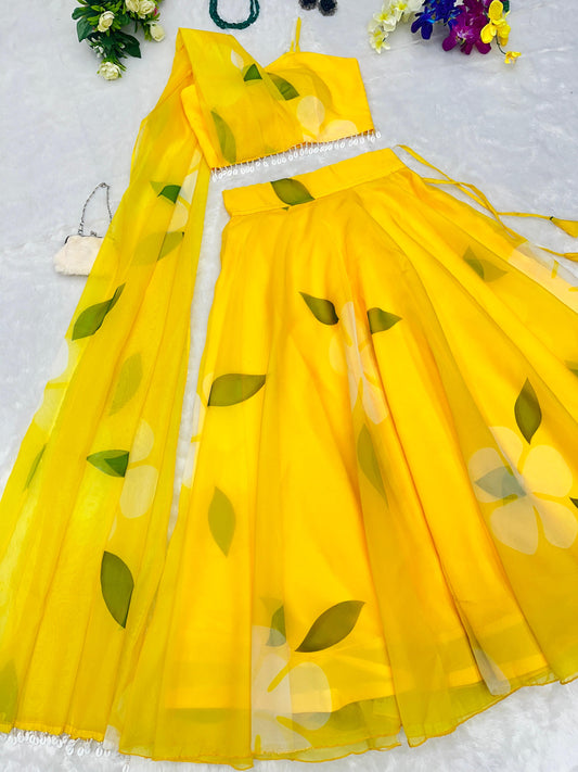 Haldi Wear Yellow Organza Lehenga And Blouse With Attach Dupatta
