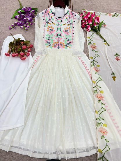 Amazing  Embroidery Malty Thread Work White Color Anarkali Suit
