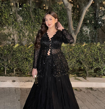 Beautiful Blazer Style Heavy Work Black Color Top With Lehenga