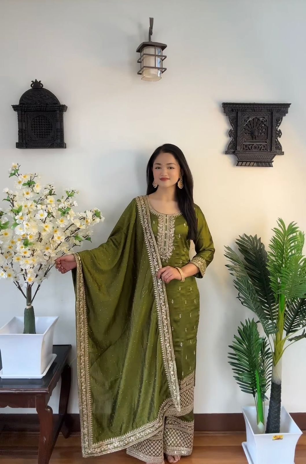 Mesmerizing Work Mehendi Color Palazzo Suit