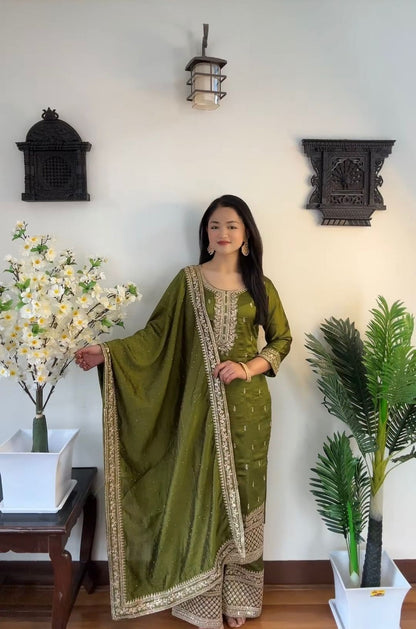 Mesmerizing Work Mehendi Color Palazzo Suit