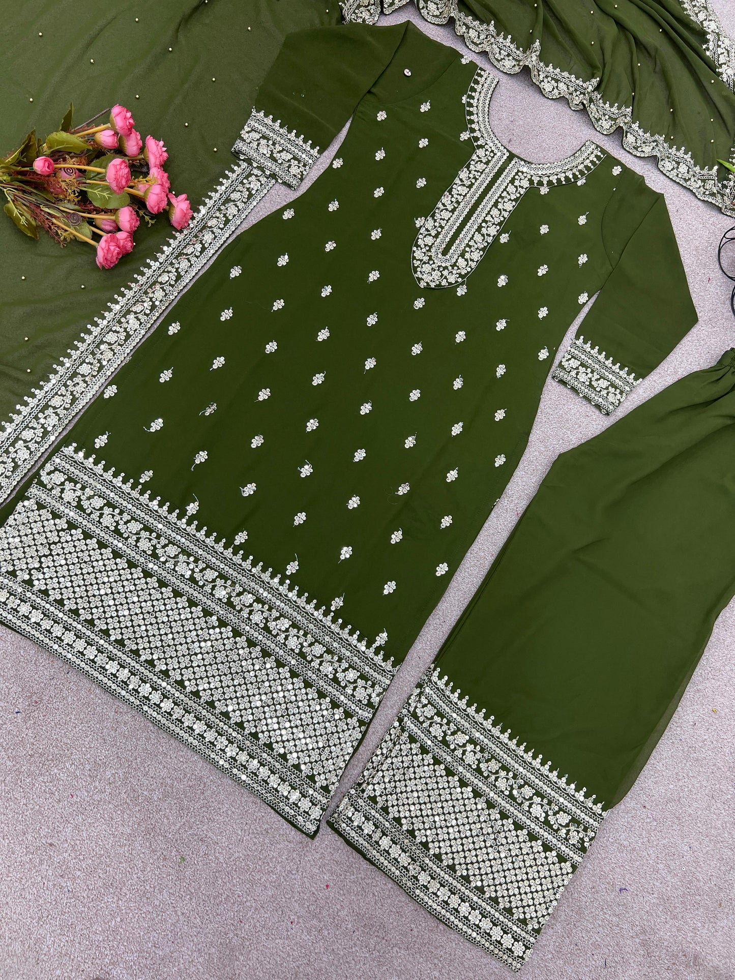 Mesmerizing Work Mehendi Color Palazzo Suit