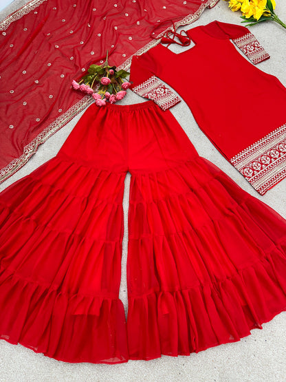 Opulent Ruffle Flair Red Color Sharara Suit