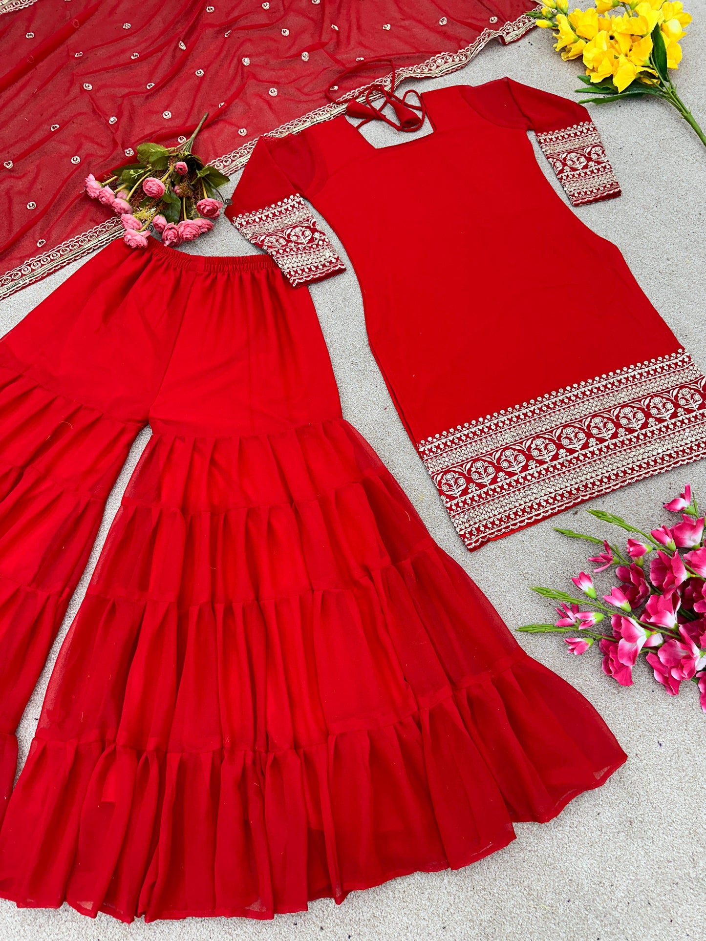 Opulent Ruffle Flair Red Color Sharara Suit