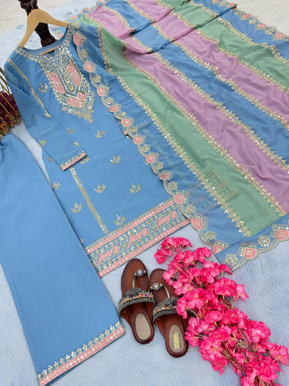 Exclusive Sky Blue Color Palazzo Suit With Multi Work Dupatta