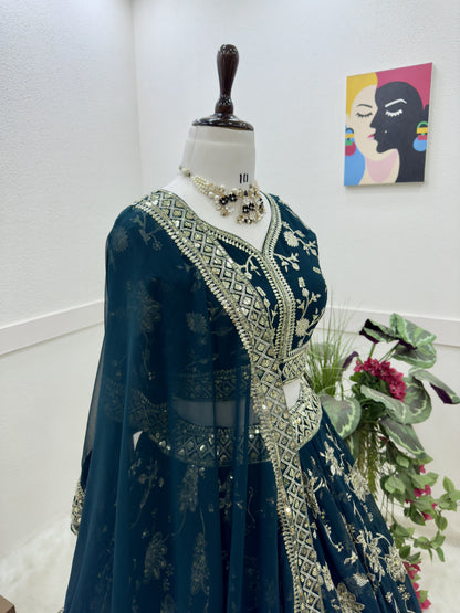 Delightful Sequence Embroidery Work Teal Green Lehenga Choli