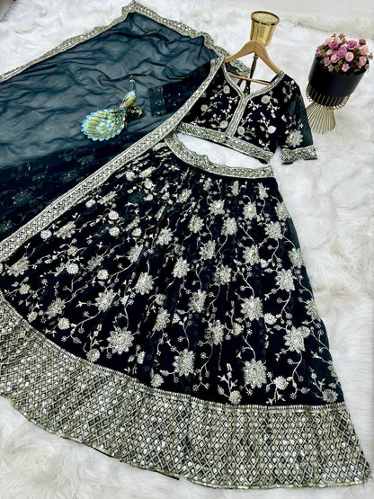 Delightful Sequence Embroidery Work Teal Green Lehenga Choli