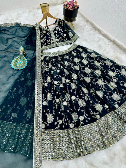 Delightful Sequence Embroidery Work Teal Green Lehenga Choli