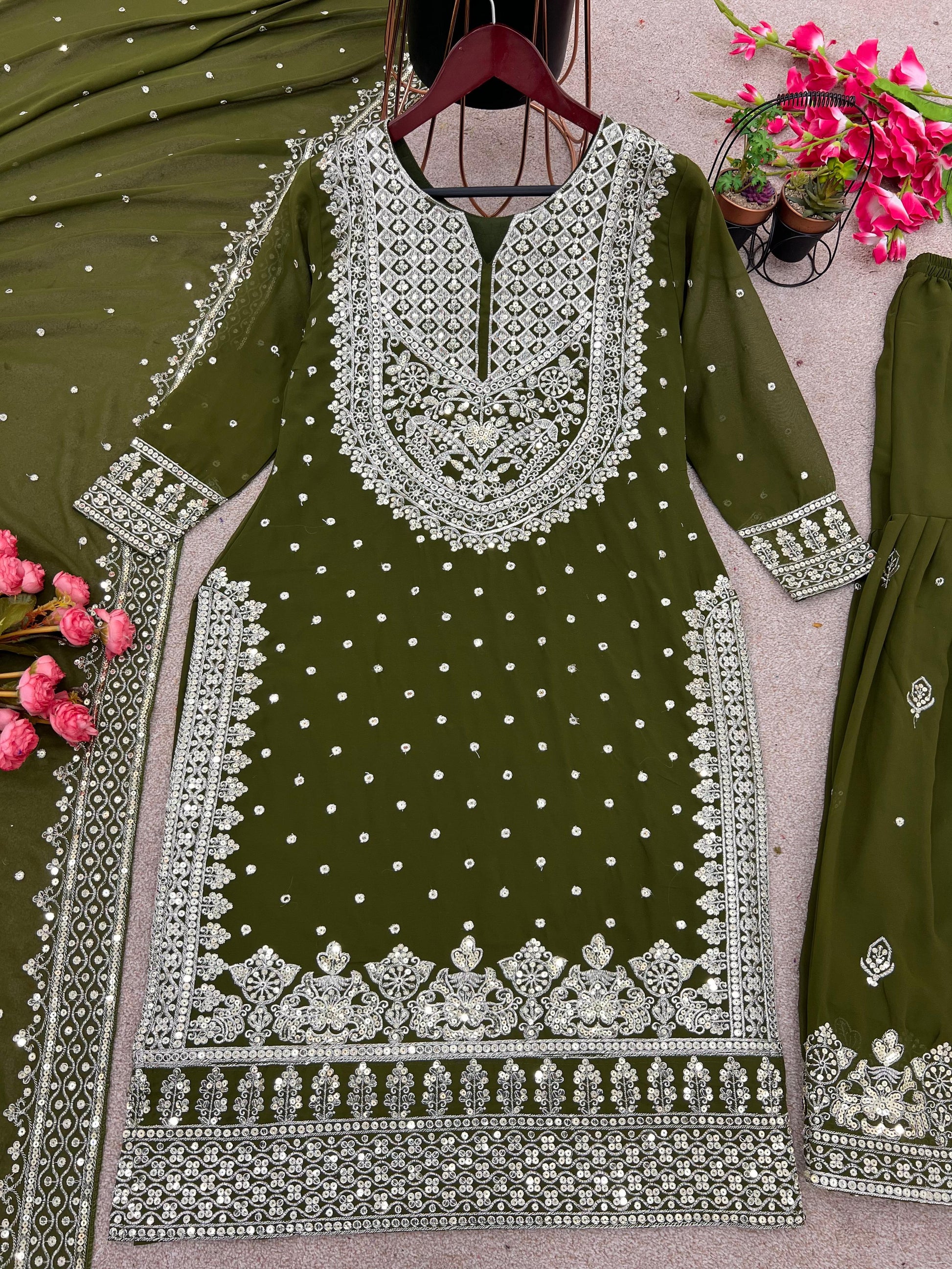 Decent Embroidery Sequence Work Green Color Sharara Suit