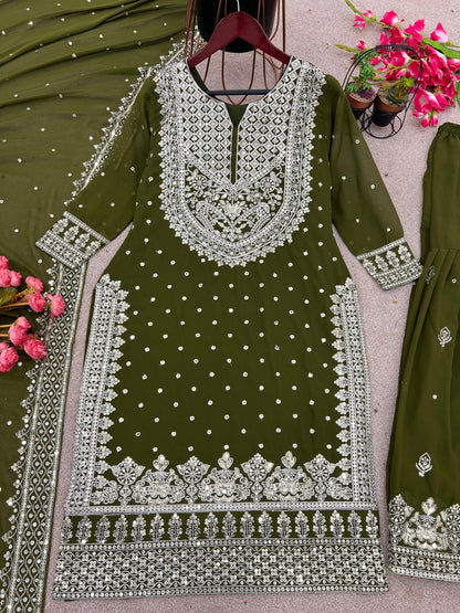Decent Embroidery Sequence Work Green Color Sharara Suit